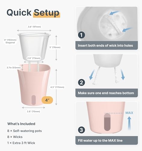 8 Pack 4" Self Watering Pots for Indoor Plants, Clear Inner Cup, Small Pink Plastic Planters, Water Level Indicator, Drainage Holes, Extra 3ft Wick, Cuttings,Seedlings,Herb,African Violets - Image 5