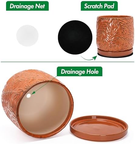 D'vine Dev Embossed Leaves Ceramic Planter, 8 in, Pumpkin, 27-A-Q-J - Image 4