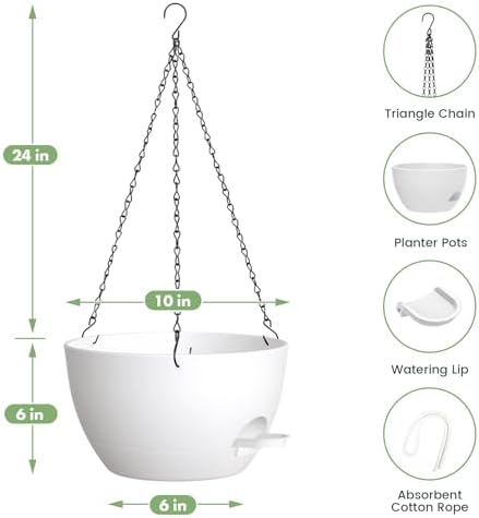 3 Pack 10 Hanging Flower Pots with Chains Self Watering Plastic Planters for Indoor Outdoor Plants, Sturdy Triangular Iron Chain Design for Garden PorchPlastic Hanging Flower pots (3, White) - Image 2