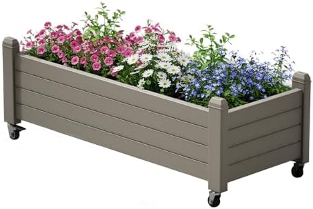 Raised Garden Bed with Wheels Outdoor, Resin Planter Box with Drain Hole and Water Level Detector for Backyard, Patio, Balcony, Gray(13.3" H) by WTFGO