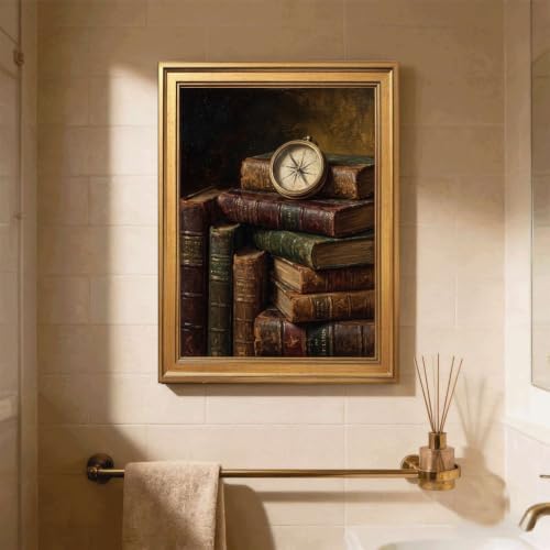 Gold Vintage Framed Antique Books and Compass Wall Art Print - Image 5