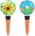 SAVENNA Mosaic Plant Watering Globes with Terracotta Spikes, 17oz Glass Self Watering Globes for Indoor & Outdoor Potted Plants, Decorative Water Drippers, Set of 2,Sunflower & Mushroom Pattern by SAVENNA