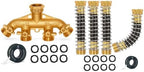 Morvat Brass 4 Way Splitter, Garden Hose Manifold Connector with Comfort Grip ON/OFF Valves, Includes Mounting Kit PLUS 4 Pack Coiled Hose Kink Protector, Extension for Outdoor Water Spigot & Faucet, by Morvat
