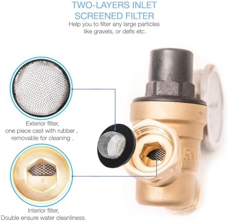 RVAQUA M11-45PSI Adjustable Water Pressure Regulator for RV Camper - Essential RV Accessories with 160 PSI Gauge, Inlet Stainless Screened Filter - Lead-Free Brass RV Water Pressure Reducer - Image 4