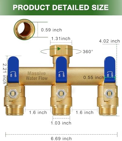 3 Way Hose Splitter, Heavy Duty Full Flow Garden Water Hose Bib Spigot Splitter, Brass Rust and Freeze Resistant Outdoor Faucet Splitter, T Adapter Connector with 3/4 - Inch GHT Thread （Blue） - Image 2