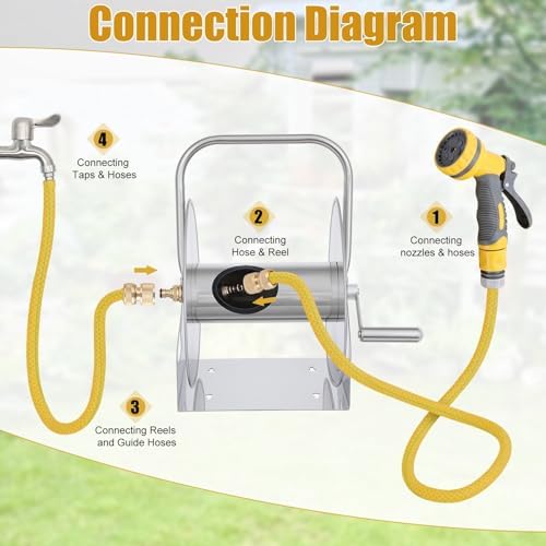 Stainless Steel Garden Hose Reel with Crank, Wall Mount/Freestanding, Includes Leader Water Pipe, Fits 5/8" x 75ft or 1/2" x 130ft Hose for Yard and Patio Use Silver One Size - Image 6