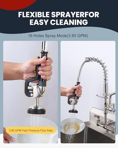 Black and Brushed Nickel Pre Rinse Sprayer with 7/8"-20UNEF Handle Grip Assembly, 1.42 GPM High Pressure Pull Down Spray Head, Handheld Dish Sprayer Nozzle Replacement Part for Commercial Sink Faucet - Image 4