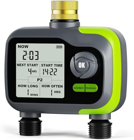 Sprinkler Timer, Brass Inlet Programmable Watering Timer for Garden Hose Fits 3/4” US Faucet, Outdoor Auto& Manual Hose Timer w/Rain Delay& Lock, Dirp Irrigation for Lawn, Yard, 2 Outlets by Evernexta