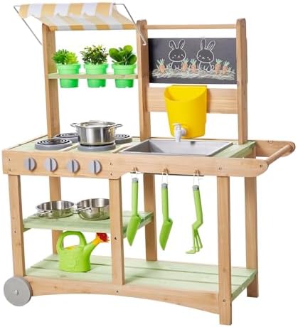 VEVOR Mud Kitchen, Outdoor Mud Kitchen for Kids, Wood Outdoor Play Kitchens with Spoons, Sink, Sunshade Canopy, Swivel Wheels, Cookware Pots and Accessories, Wooden Play Kitchens for Home, Lawn by VEVOR