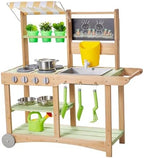 VEVOR Mud Kitchen, Outdoor Mud Kitchen for Kids, Wood Outdoor Play Kitchens with Spoons, Sink, Sunshade Canopy, Swivel Wheels, Cookware Pots and Accessories, Wooden Play Kitchens for Home, Lawn by VEVOR