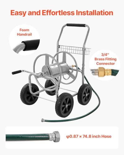 VEVOR Hose Reel Cart, Hold Up to 250 ft of 5/8’’ Hose, Garden Water Hose Carts Mobile Tools with 4 Wheels, Heavy Duty Powder-Coated Steel Outdoor Planting with Storage Basket, for Garden, Yard, Lawn - Image 5