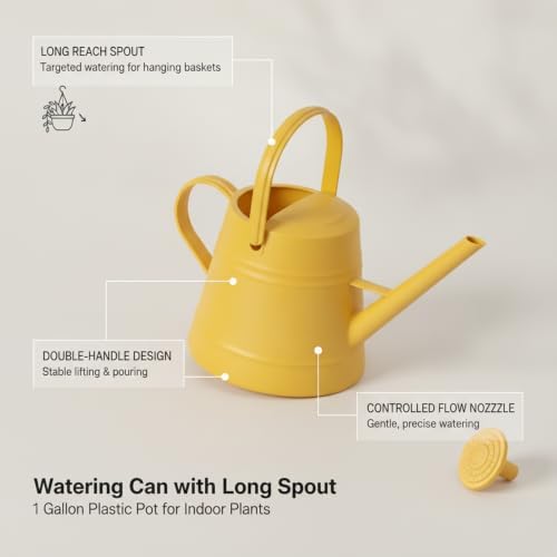 1 Gallon Plastic Watering Can with Long Spout & Dual Handles for Indoor Plants, Hanging Baskets - White, Yellow, Green, Gray - Image 4