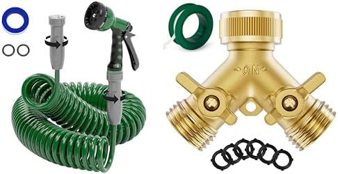 3/8" Lightweight Coil Garden Hose 75FT+Brass Garden Hose Splitter 2 Way by SPECILITE
