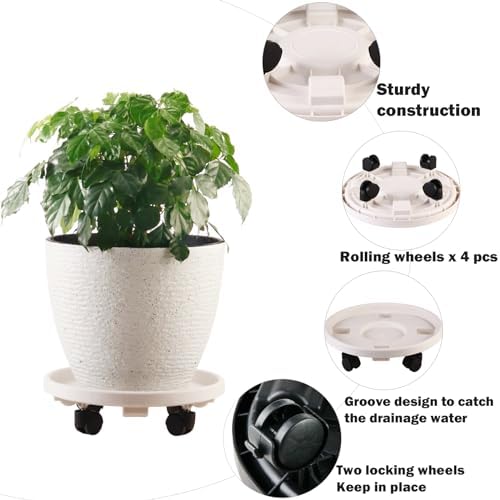 5 Packs Large Plant Caddy with Wheels 13" Rolling Wheeled Plant Stands Heavy-Duty Plastic Flower Pot Roller Base Movers Indoor Outdoor Planter Dolly with Casters Trolley, White - Image 2
