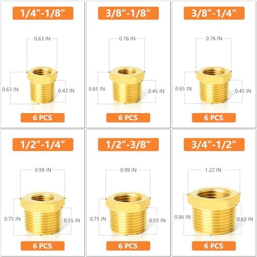 GASHER 36PCS Brass Hex Bushing Fitting Kit Hex Bushing 1/4" - 1/8", 3/8" - 1/8", 3/8" - 1/4", 1/2" - 1/4", 1/2" - 3/8", 3/4" - 1/2" - Image 2