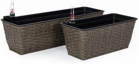 2-Pack Self-Watering Planter - Hand Woven Wicker - Rectangular - Dark Gray - Image 2