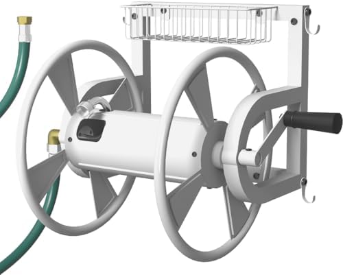 Artigarden Outdoor Wall Mounted Hose Reel with Hook, Garden Heavy-Duty Water Hose Holder Winder with 3.9 ft Leader Hose, Brass Fitting and Storage Basket for Yard, Holds 125 Ft of 5/8-Inch Hose, White by Artigarden