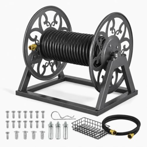 Wall Mounted Garden Hose Reel – Holds 200 ft 5/8" Hose, Heavy-Duty Steel Manual Winder, with Brass Connector, 5ft Leader, Decorative Pattern, Space Saver, Gray Finish, for Outdoor Gardens & Lawns. by Unknown
