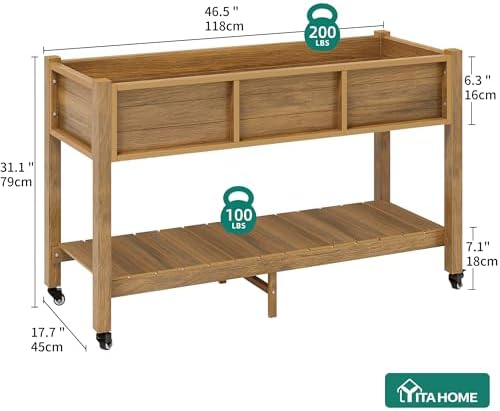 YITAHOME Raised Garden Bed HDPE, 47x18x31In Raised Flower Bed Poly-Wood Weather-Resistant Elevated Planter Box with Lockable Wheels & Storage Shelf for Vegetable Flower, Brown - Image 7