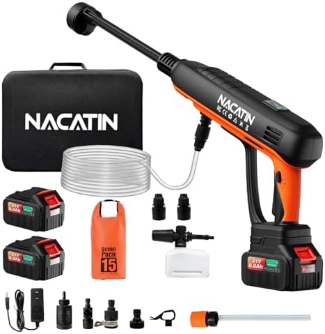 Cordless Portable Washer, 3 Gear 1200PSI Brushless Washer for Car Washing, Patio, Fence, Driveway, Outdoor Cleaning， with 2 Batteries, 6 in 1 Nozzle, 6 Meter Hose, Tap Adapter by NACATIN
