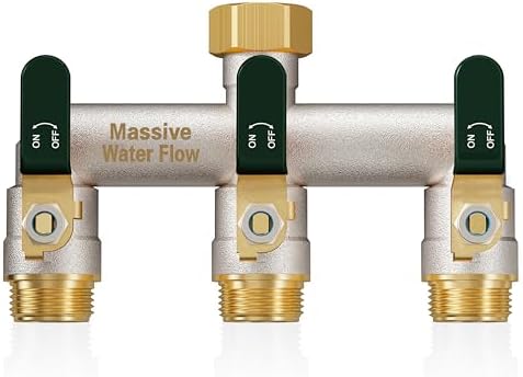 Garden Hose Splitter 3 Way Heavy Duty Brass Nickel Plated Hose Splitter with Large Handle, Full Flow Water Hose Spigot Splitter with Shutoff Valve, T Adapter Connector, 3/4 - Inch GHT Thread（Green） by Lnezcdb