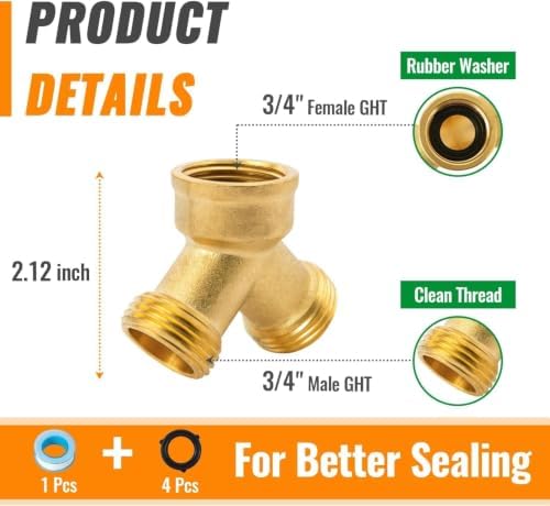 3/4 Inch GHT Y Valve 2 Way Brass Garden Hose Splitter Heavy Duty 3/4'' GHT Garden Hose Bib Splitters Brass Y Valves with Extra 4 Rubber Washers 1 Sealing Tape (2-Pack) - Image 4