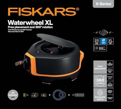 Fiskars Waterwheel XL, All-Inclusive Watering Kit, 25 m Total Reach, Automatic Retracting, Garden Hose in Universal Size (Diameter 13 mm), Universal Tap Connector, Black/Orange, X-Series, 1067549 - Image 6