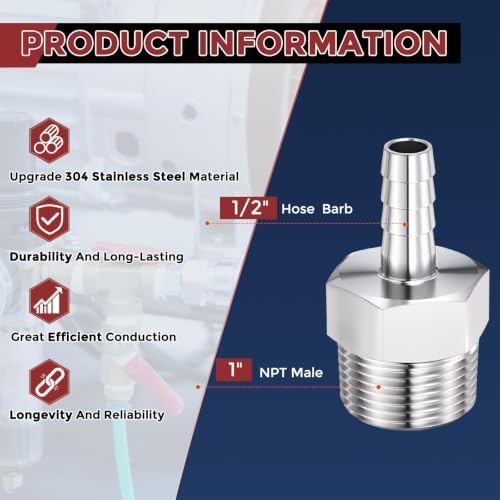 8pcs Stainless Steel Hose Barb Fittings 1/2" Barb to 1" NPT Male - Image 2