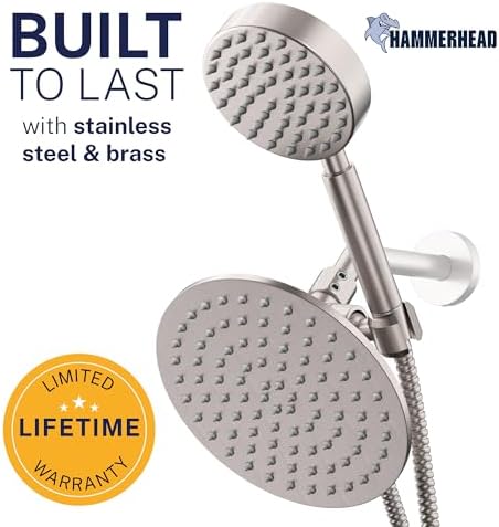 HammerHead Showers® Solid Metal Dual Shower Head Combo – BRUSHED NICKEL – 8 Inch Rainfall High Flow Shower Head & Handheld Shower Head High Pressure with Hose 6ft - Hotel-Like Double Shower Heads - Image 2