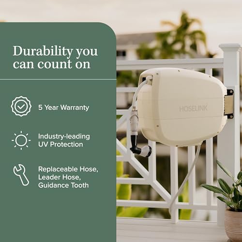 HOSELINK Evolve 90ft Hi-Flow Beige Retractable Garden Hose Reel, NEW Heavy Duty, Automatic Rewind, Lock Anywhere, 180 Degree Swivel, Wall Mounted Watering Solution for yard and outdoors (90ft Hi-Flow) - Image 3