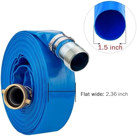 DAVCO 1.5" ID x 50 ft Pool Backwash Hose, Heavy Duty Reinforced Blue PVC Lay Flat Water Discharge Pump Hoses For Swimming Drain Pools and Clean Filters, with Brass NPT Pin Lug and KC Nipple Fittings - Image 3