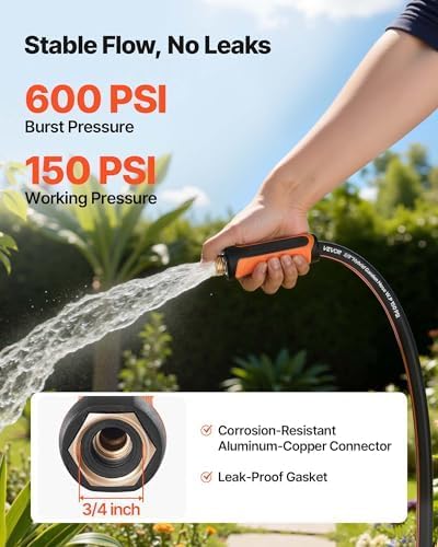 VEVOR Garden Hose, 100 ft 5/8" Heavy Duty 4-Layer Rubber Water Hose, 150PSI Working & 600PSI Burst, Flexible & Non-kink Outdoor Waterhose with 3/4" Fitting, Lightweight Hoses for Gardening Cleaning - Image 4