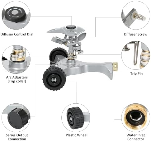 STYDDI Metal Pulsating Sprinkler on in-Series Metal Wheeled Base, Adjustable Circular Water Sprinkler for Medium to Large Circular Lawn, Yard, Garden and Large Areas, Coverage up to 6,360 Sq. ft - Image 5
