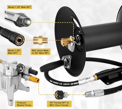 3/8" Heavy Duty Steel Pressure Washer Reel, 100FT High Pressure Hose Reel with Hand Crank, 4000 PSI Power Washer Hose Reel Swivel Arm for Liquid/Air/Water Use - Image 3