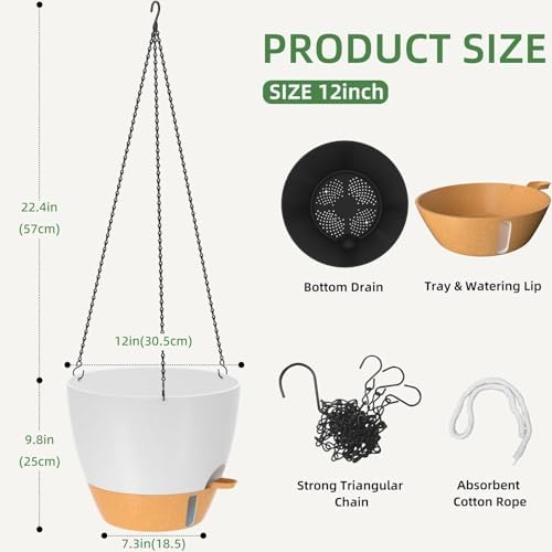 ZMTECH 12 Inch Large Self Watering Hanging Planters for Indoor Outdoor Plants - Water Level Indicator & Removable 60 Oz Reservoir, 1 Pack Plastic Hanging Basket for Window Porch Garden Balcony, White - Image 4