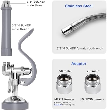 Pre Rinse Sprayer Commercial with 45” Stainless Steel Hose, 1.42 GPM Commercial Sink Sprayer, High-Pressure Dish Spray for Restaurant Use, Sink Spray Nozzle with Adapters (Gray) - Image 2