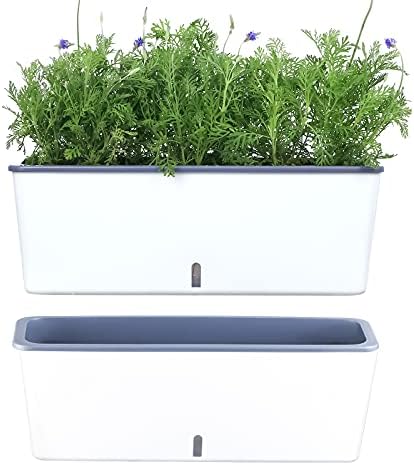 2 Pack Rectangular Planter 17 x 4.5 in Self Watering Planter Window Sill Planters Indoor Rectangle Planter Self Watering Pots Plastic Plant pots with Drainage Holes White Flower Pot Indoor by Planterhoma