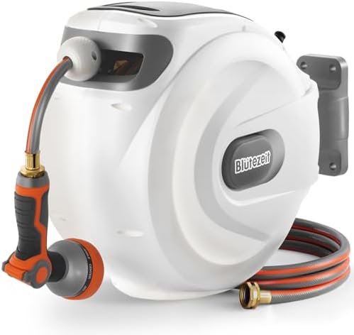 Blütezeit Retractable Garden Hose Reel, 1/2'' x 100ft Hose Reel Wall-Mount with 10-Function Spray Nozzle, Any Length Lock | 180° Swivel | Automatic Slow Rewind | Heavy Duty by Bl%C3%BCtezeitGateSystems