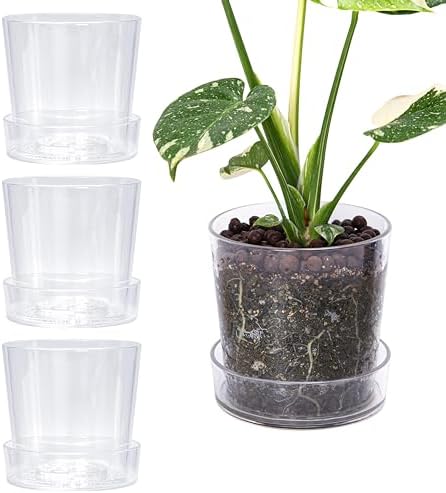Phoenix Vine 6.5 Inch Clear Acrylic Planter Pot with Tray, Orchid Pot with Drainage Holes, Deep Saucer for Bottom Watering, Transparent Containers for Indoor Plants, Herbs, Set of 4, 91-A-F-4 by Phoenix+Vine