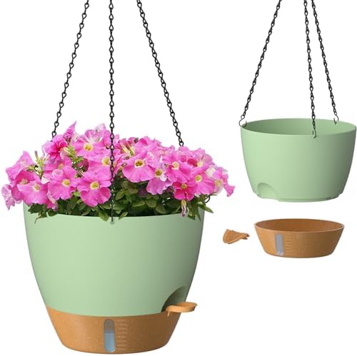 ZMTECH 12 Inch Hanging Planters for Indoor Outdoor Plants, 2 Pack Self Watering Hanging Plant Pots with Drainage Hole, Visual Reservoir, Plastic Flower Hanging Pots with Watering Lip (Green) by HighQualityGardeningTools