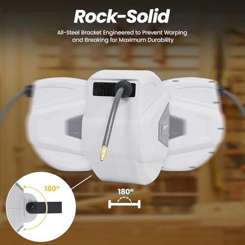 G GOOD GAIN Air Hose Reel Retractable 3/8 in x 50 ft Hybrid Polymer Hose, Air Compressor Hose Reel Retractable Auto-Rewind Enclosed 180° Swivel Mount, Max 300PSI Commerical Polypropylene Grey - Image 4