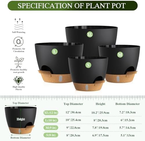 Plant Pots, 4 Pack 12/10/9/8 Inch Self Watering Pots with Drainage Holes, Water Level Indicator Deep Reservoir, Large Planters for Indoor Outdoor Plants - Black Brown - Image 2