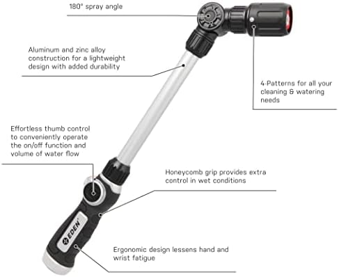 Eden 94621 PRO Metal 18 in. Turbo Watering Wand | 4 Spray Patterns, Thumb-Control Garden Hose Sprayer with Adjustable Head & Quick Connect Set for Lawn, Garden & Outdoor Cleaning - Image 2