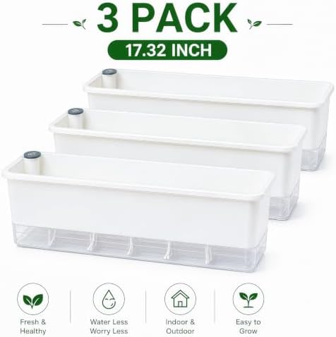 FAMZ Self Watering Pots for Indoor Plants, 3 Pack 17-Inch Long Rectangular Planter Boxes with Clear Reservoir for Herbs, Vegetables, Flowers and Succulents, White - Image 2