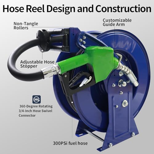 Fuel Hose Reel,Fuel nozzle,Fuel Hose Swivel,3/4" X 33' Retractable Diesel Hose Reel,Heavy-duty Industrial Settings. Max 300 PSI,Spring Rewind Mechanism Ease of Use for Farm Ships Vehicles - Image 4