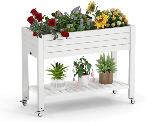 Large Elevated Raised Garden Bed with Legs,Outdoor Planter Box with Storage Shelf Drain Plug Water & Monitor for Backyard,Patio,Balcony(Ashen by GYMHILL