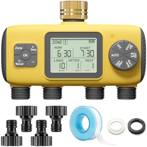meross 4 Zone Sprinkler Timer with Brass Inlet, Water Timer for Garden Hose, Hose Valve for Watering with Rain Dealy & Manual Watering for Outdoor Drip Irrigation, Lawn, Yard by meross