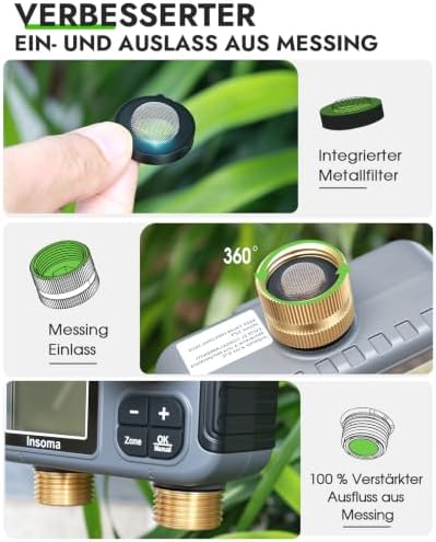 Insoma 2-Zone Sprinkler Timer Brass Inlet/Outlet, Water Hose Timer with Auto/Manual Modes + Rain Delay | Big LCD Dispay | Hose Timers for Garden, Yard Lawn, IPX5 Waterproof & Save Water - Image 2