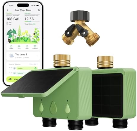 Solar WiFi Water Timer for Garden Hose 2-Pack with Hose Splitter, 4-Zone Solar Powered Smart Irrigation Controller with Flow Meter, Rain Delay & Auto Irrigation, Brass Inlet, No Hub Required by EZAIoTSmart