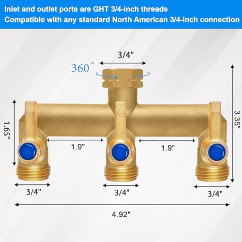 Brass Garden Hose Splitter, 3 Way Hose Splitter, Outdoor Hose Splitter, GHT 3/4 in. Female Inlet and 3 Way 3/4 in. Male Outlet for Regulating and Shutting Off Water Flow - Image 6